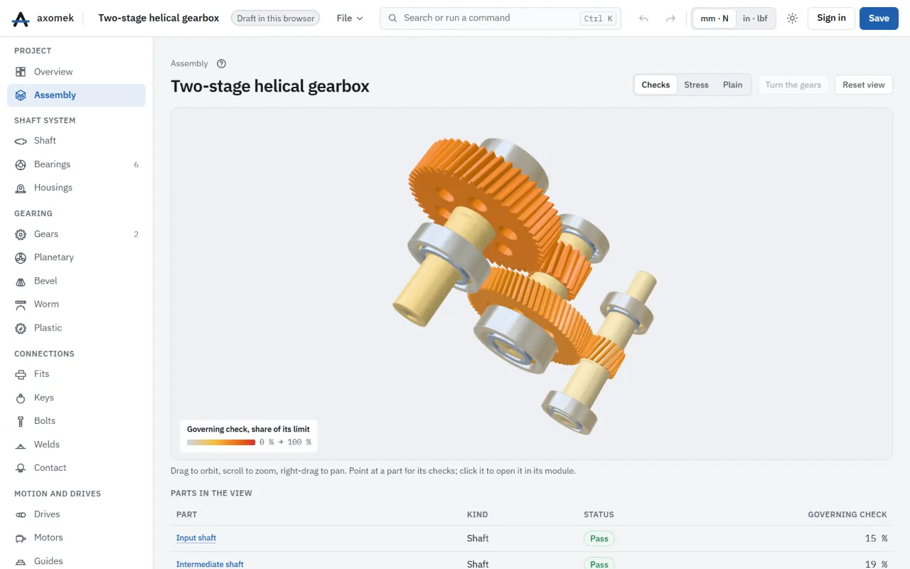 The two-stage helical gearbox in the assembly view: three shafts with their two helical gear pairs in mesh and six bearings, every part coloured by its checks, beside the list of parts