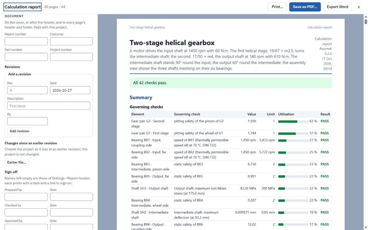 The Document part of the report screen: the report number, the revisions and the sign-off